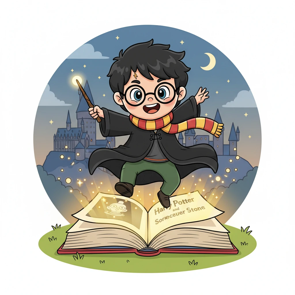 From a glowing copy of "Harry Potter and the Sorcerer's Stone," Harry Potter himself burst forth! He landed with a flourish, his robes swirling, scar visible, and broomstick held firmly in hand, ready for anything.