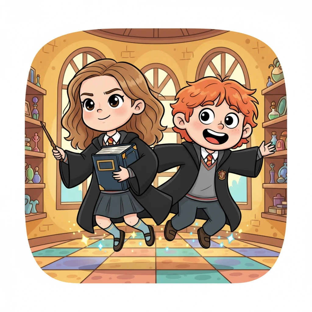 Right behind him, Hermione Granger floated out, clutching a hefty spellbook, followed by a wide-eyed, goofy-grinned Ron Weasley. They landed gracefully in the center of the room, looking eager for a grand adventure.