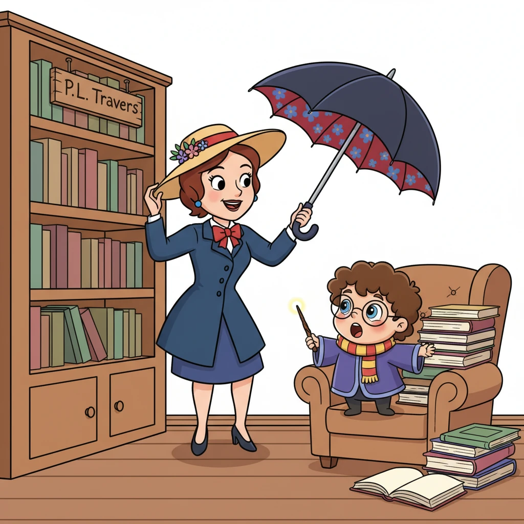 From a nearby shelf marked "P.L. Travers," Mary Poppins appeared with elegant precision. She unfurled her umbrella, descending with perfect grace, and adjusted her hat with a prim, knowing smile.