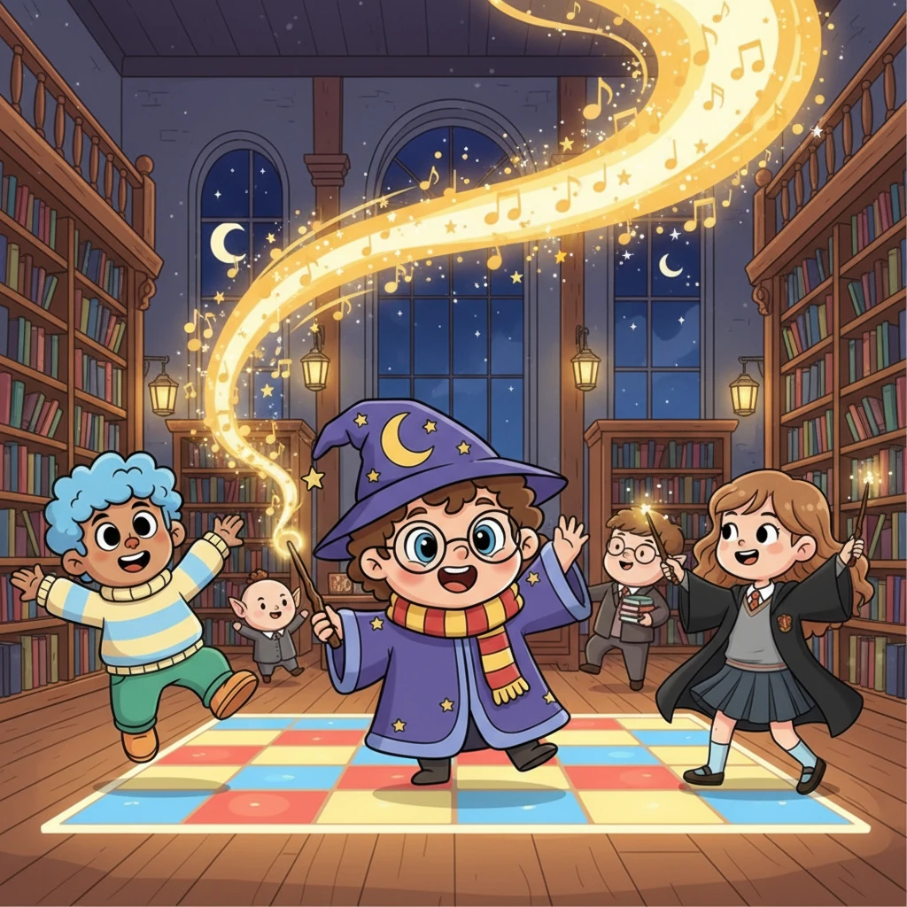 With a mischievous glint in his eye, Harry waved his wand, and instantly, a magical, upbeat melody filled the air! The library floor transformed into a vibrant dance floor as everyone began to move.