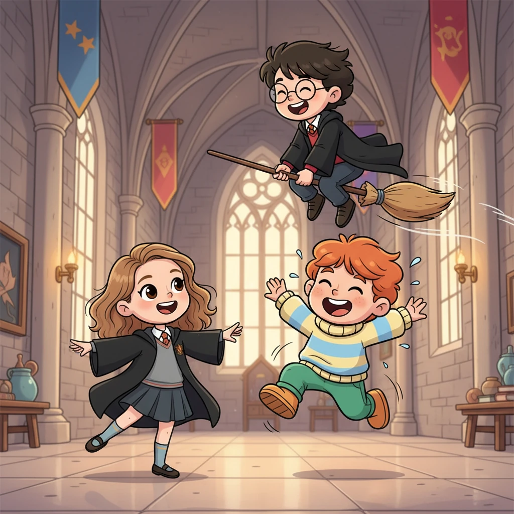 Hermione performed neat, precise pirouettes, while Ron bounced around with clumsy but utterly joyful leaps. Harry soared low over the floor on his broomstick, laughing as he weaved through his friends.