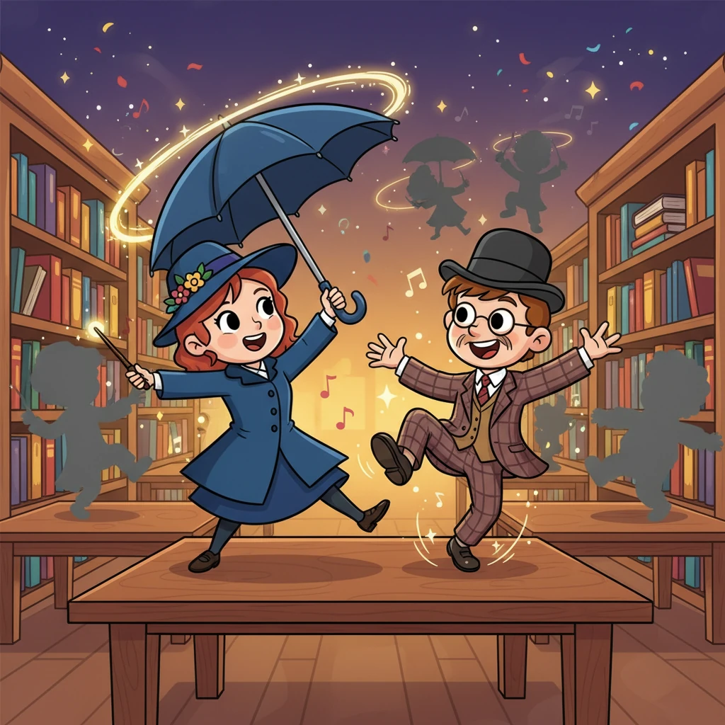 Mary Poppins twirled her umbrella in a magnificent circle, and Bert tap-danced with incredible energy across the sturdy library tables. More magical silhouettes of other characters started to join the growing party.