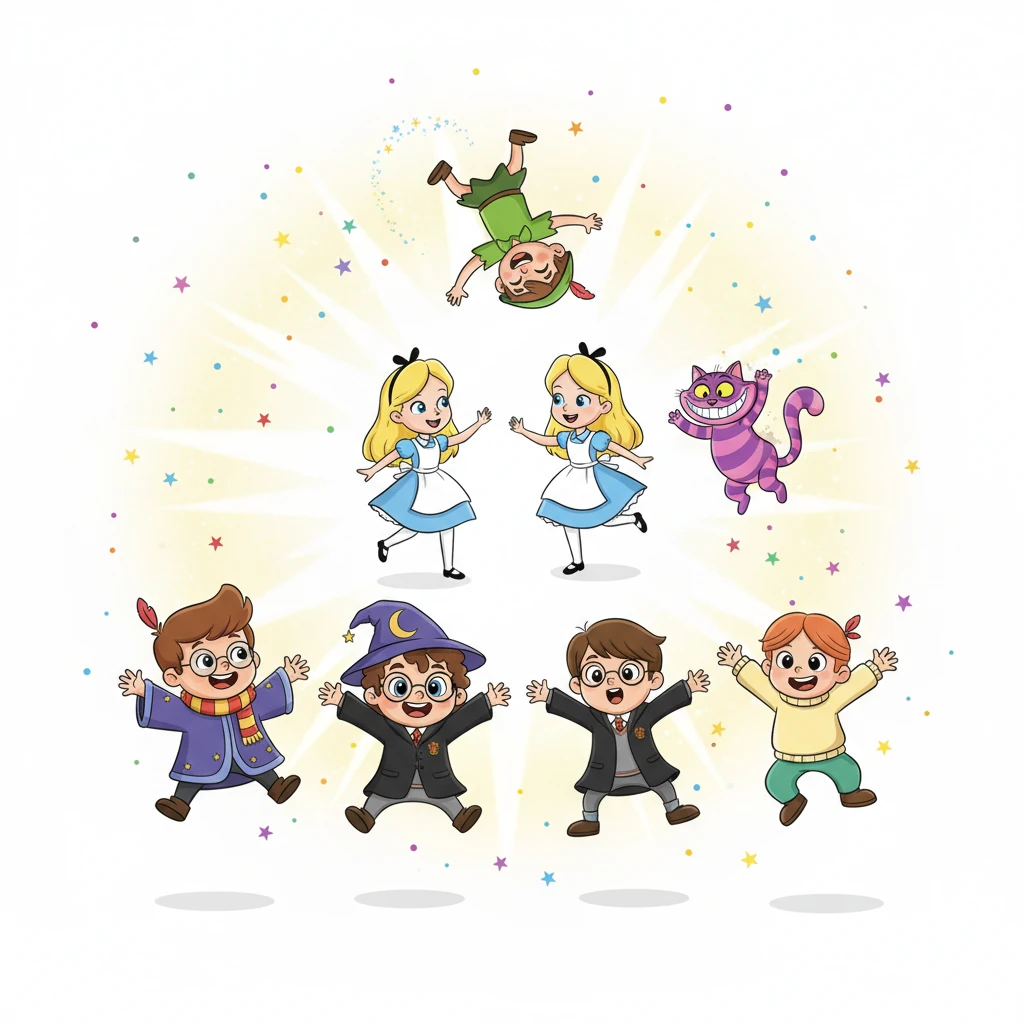 Peter Pan zipped through the air, performing playful somersaults, while Alice in her blue dress danced a whimsical waltz with the disappearing and reappearing Cheshire Cat. Together, all the characters leaped into a grand, synchronized jump, and the screen exploded with bright light, revealing the words "Books Come Alive!" amidst a shower of colorful sparks.