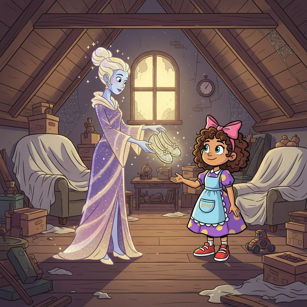 In the dusty attic, the Weaver of Time appeared, her form shimmering like starlight. She gifted Daria the Slippers of Intention, their delicate fabric woven with threads of magic. They would vanish at the first sign of doubt, the Weaver warned.