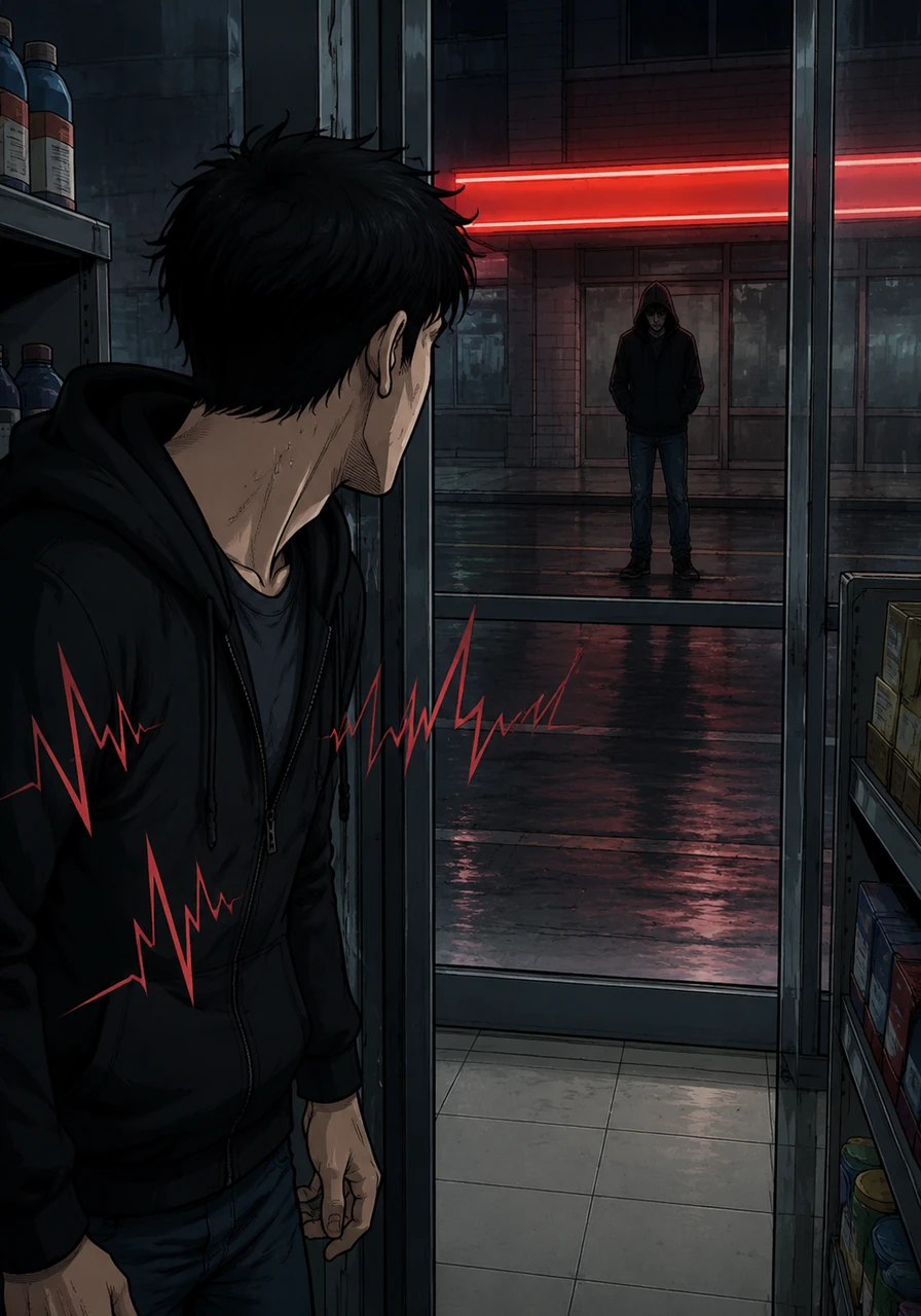 I ducked into a 24-hour convenience store just to see if he'd pass by, my heart hammering against my ribs like a trapped bird. [SFX: heartbeat getting louder] Through the glass, I saw him... just a silhouette in a dark hoodie, standing perfectly still under the neon sign across the street, staring directly at the door with this absolute, terrifying patience.
