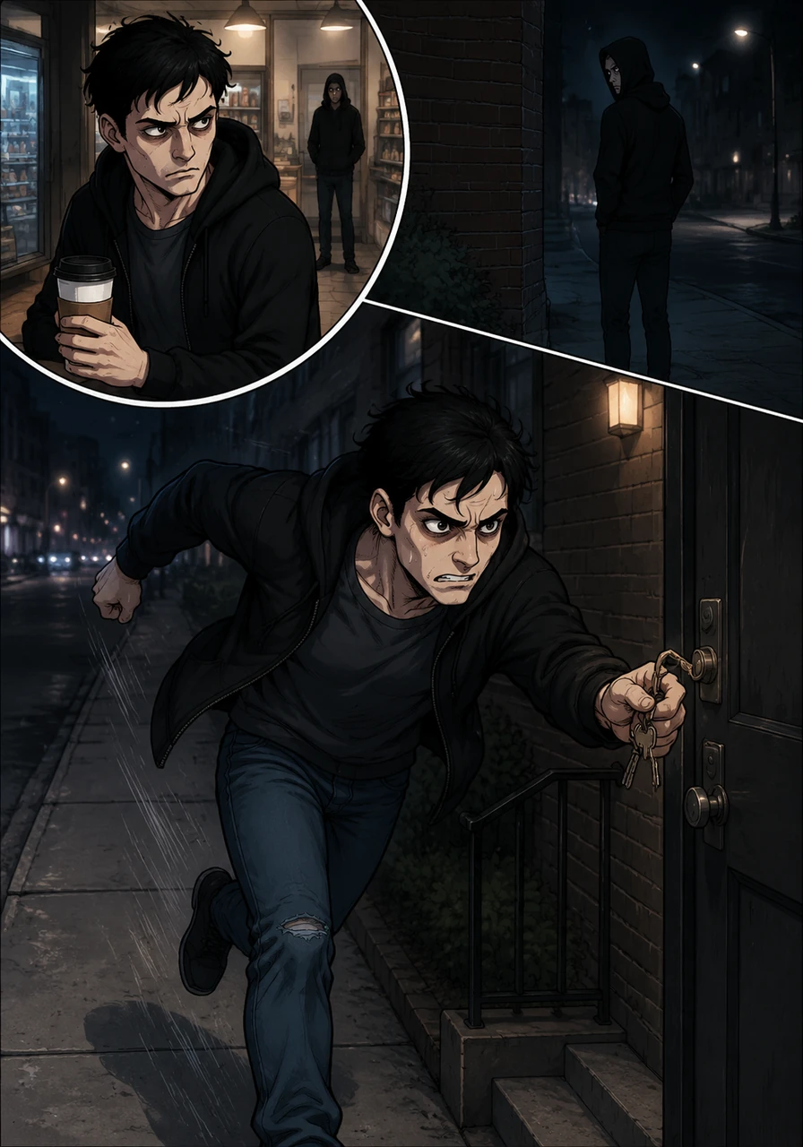 I stayed in that store for twenty minutes, buying a coffee I didn't want, just waiting for him to leave, but he never moved an inch. [SFX: static noise] Finally, I thought I saw him turn the corner, so I made a break for it, sprinting the last two blocks to my apartment building with my keys already shaking in my hand.