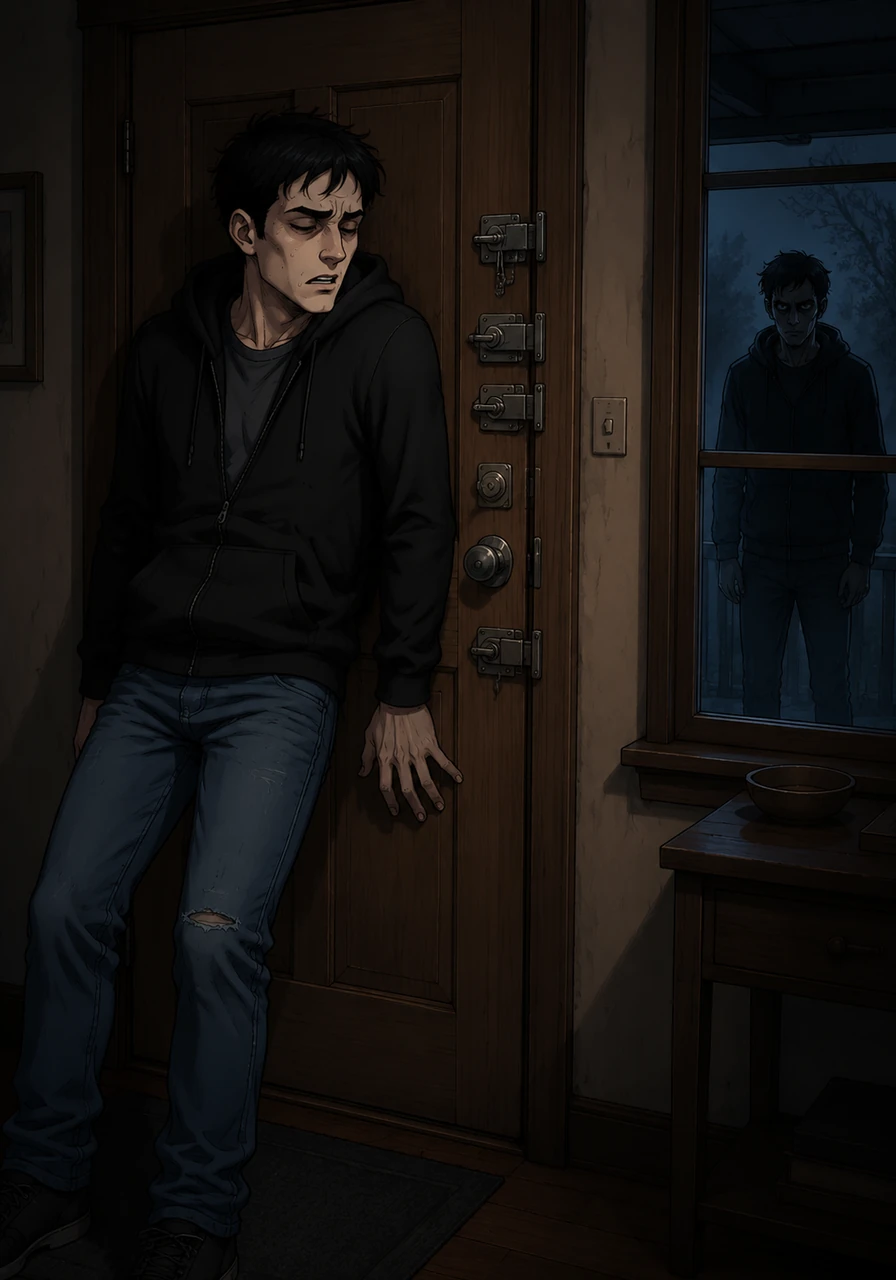 I slammed the front door shut and locked every deadbolt, leaning my back against the wood and just breathing for a second. [SFX: breathing nearby] I thought I was safe, you know? I really thought the walls of my home could keep out whatever that was... but then I heard the softest sound from the porch outside.