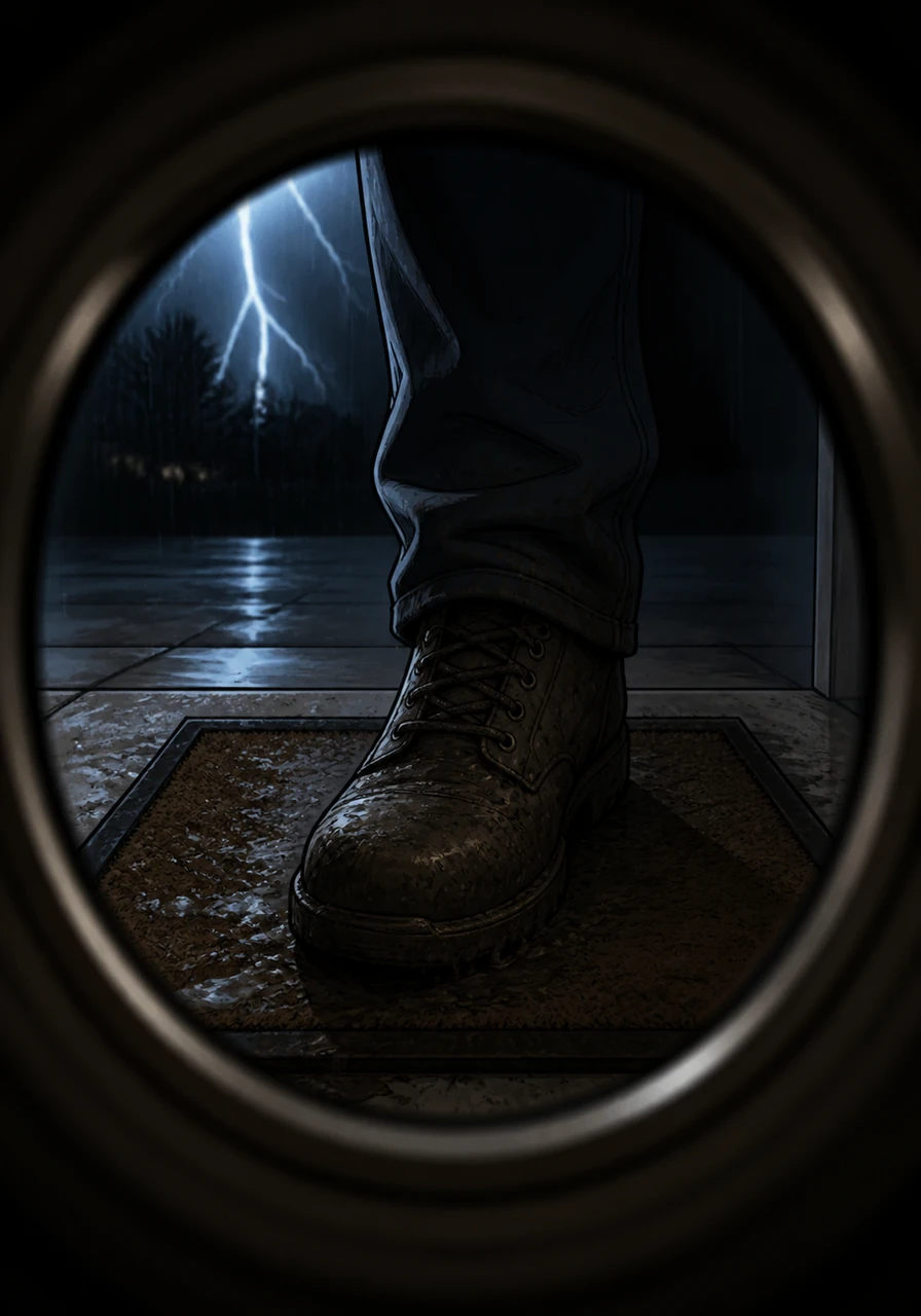 It was a wet, sliding noise, like something heavy being dragged across the floorboards. [SFX: metal scraping] I looked through the peephole, but it was dark, just total blackness until a flash of lightning illuminated a single, muddy work boot standing right there on my welcome mat. *He was already on the other side of the door.*