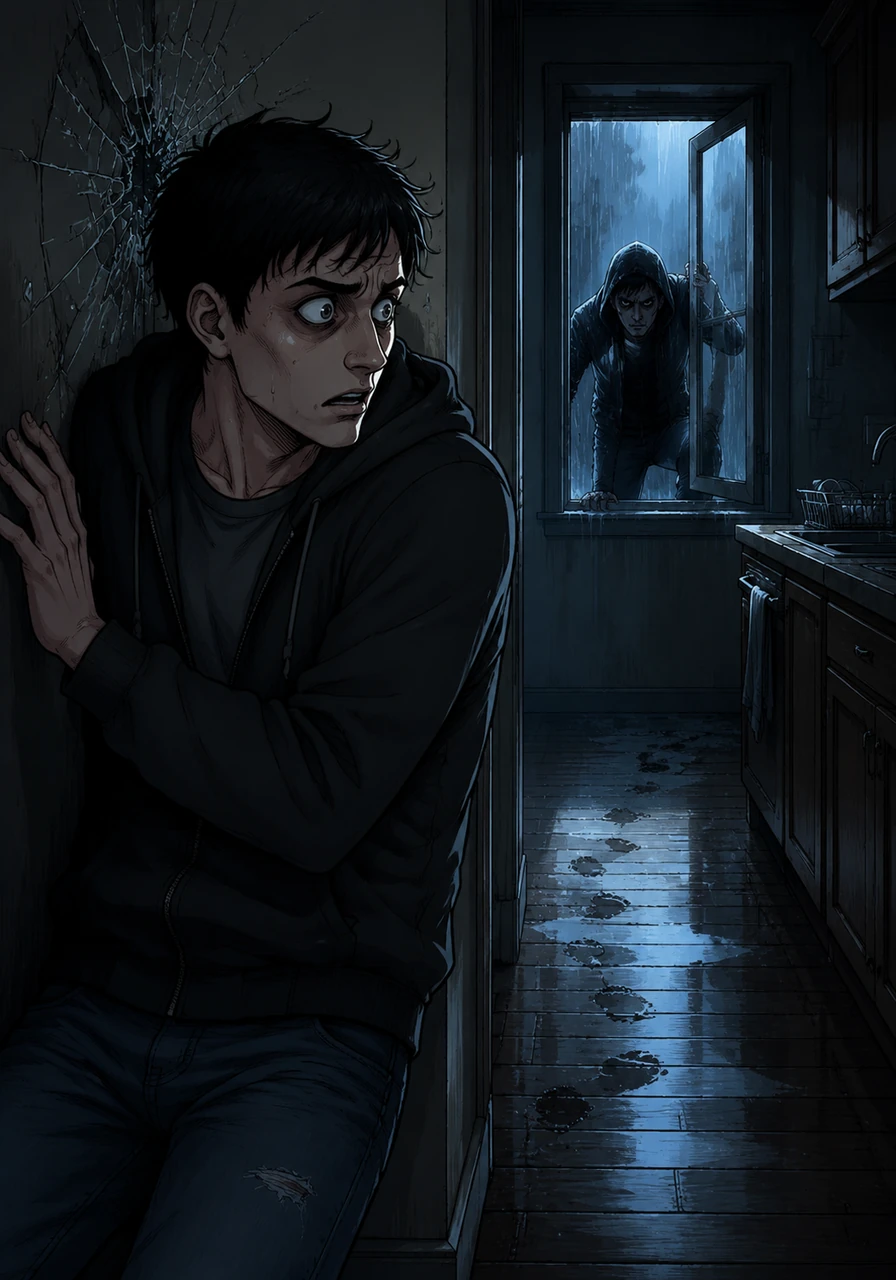 The realization hit me like a physical blow... he wasn't just outside, he had been watching me for weeks, knowing my routines and my weaknesses. [SFX: glass cracking] Then I heard it, the sound of the kitchen window sliding open, the one lock I always forgot to check, and the smell of wet wool and rain filled the hallway.