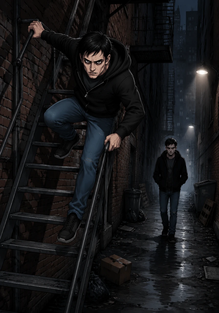 I didn't think, I just ran for the fire escape, my feet barely touching the metal as I scrambled down into the alleyway. [SFX: floor creaking] I could hear him behind me, not running, but walking with that same terrifying, rhythmic pace, like he knew there was nowhere left for me to hide in this city!