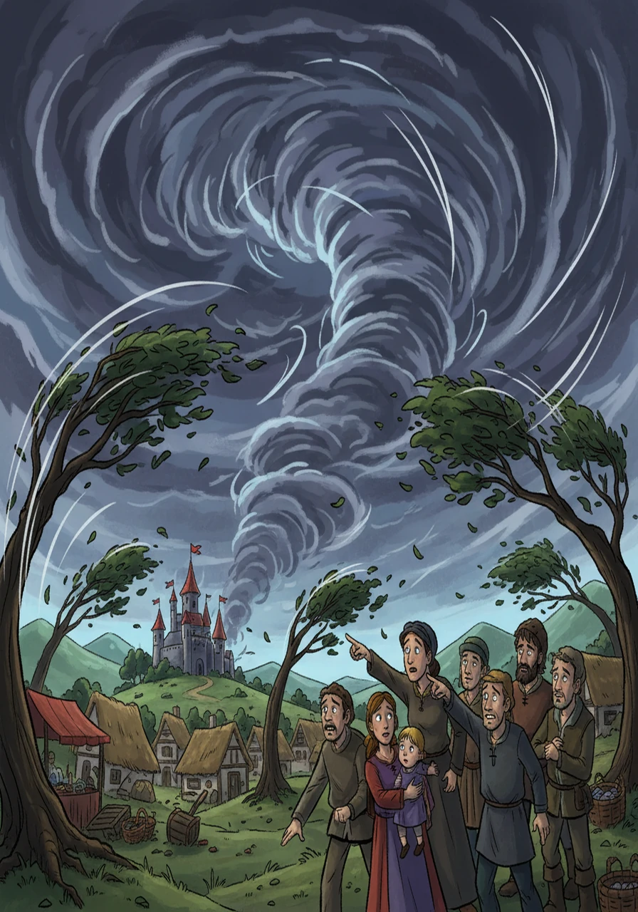 Suddenly, dark clouds gathered, and the wind howled fiercely. A terrible storm was brewing, threatening the peaceful kingdom. Fear gripped the villagers as they watched the sky turn a menacing grey.