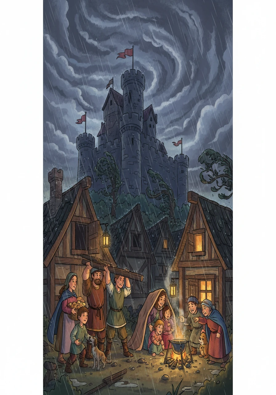 The storm arrived with a vengeance, lashing rain and wind against the castle walls. But the villagers, working together, supported each other. They shared what they had, offering comfort and aid.