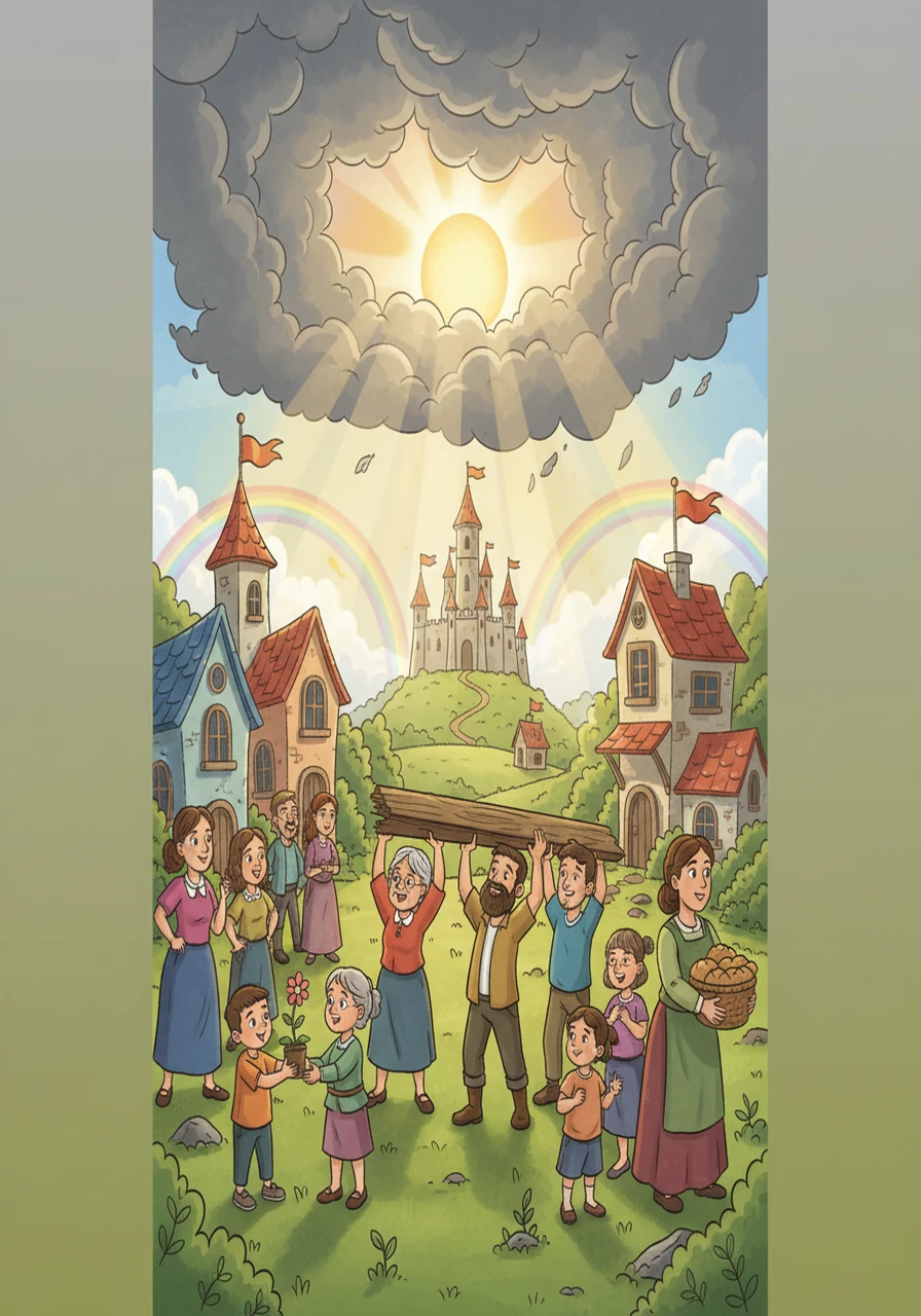 As the storm began to subside, the kingdom emerged stronger. The sun peeked through the clouds, revealing the shared acts of kindness and resilience. Everyone realized they had faced the storm together.