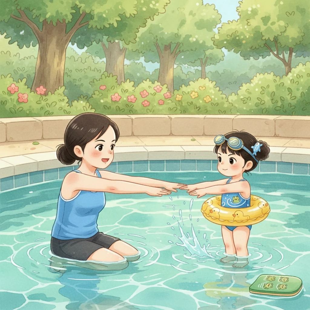 妈妈开始教小鱼儿蛙泳的动作。她先示范了“手臂划水”,就像小鱼儿在水中划船一样,双手要向外划开,再合拢到胸前,然后伸直向前。