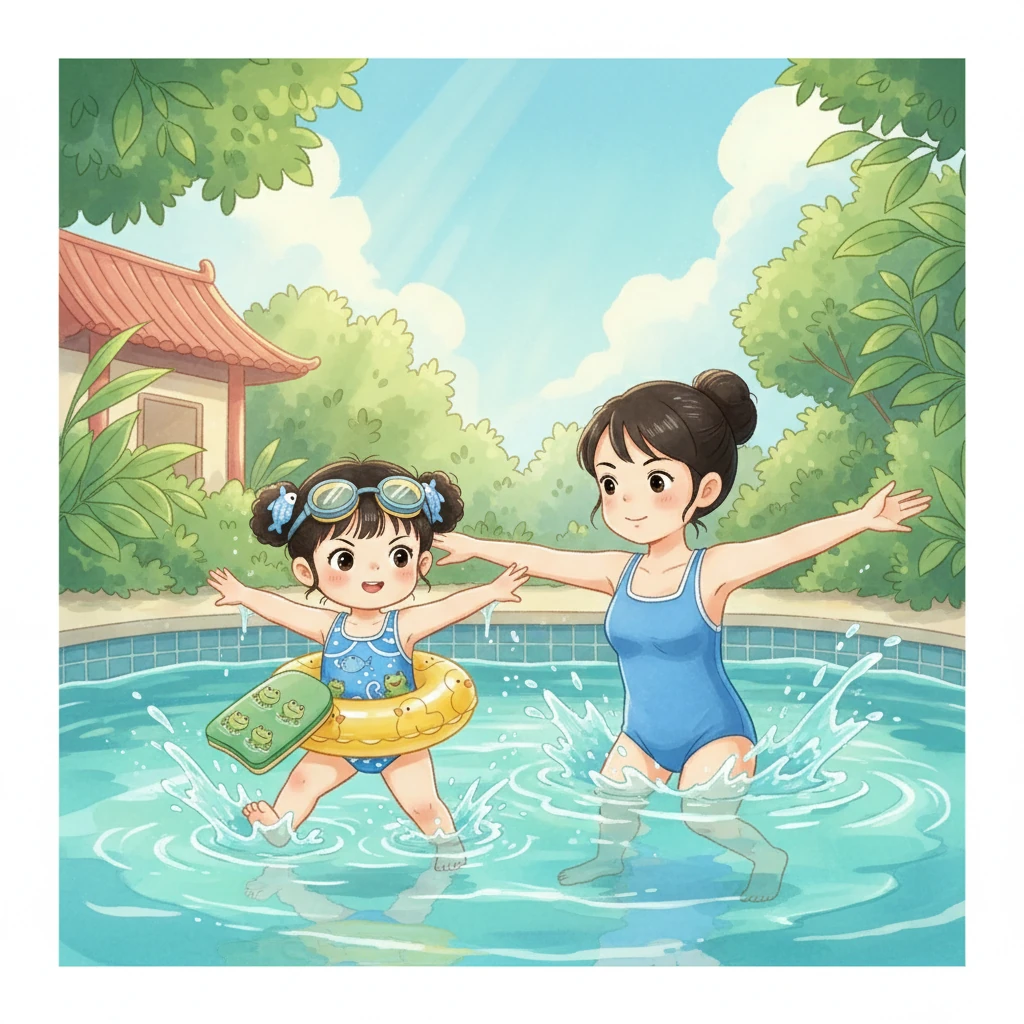 小鱼儿跟着妈妈一起练习,他努力地模仿着妈妈的动作,手臂划水,腿部蹬水,虽然一开始动作不太协调,但他一直坚持着,没有放弃。