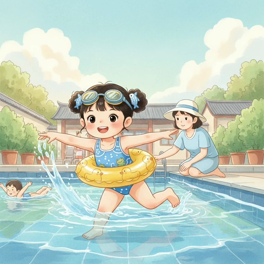 在妈妈的耐心指导下,小鱼儿渐渐掌握了蛙泳的技巧。他可以流畅地划水和蹬腿了,在水里游得越来越快,越来越稳,脸上露出了开心的笑容。