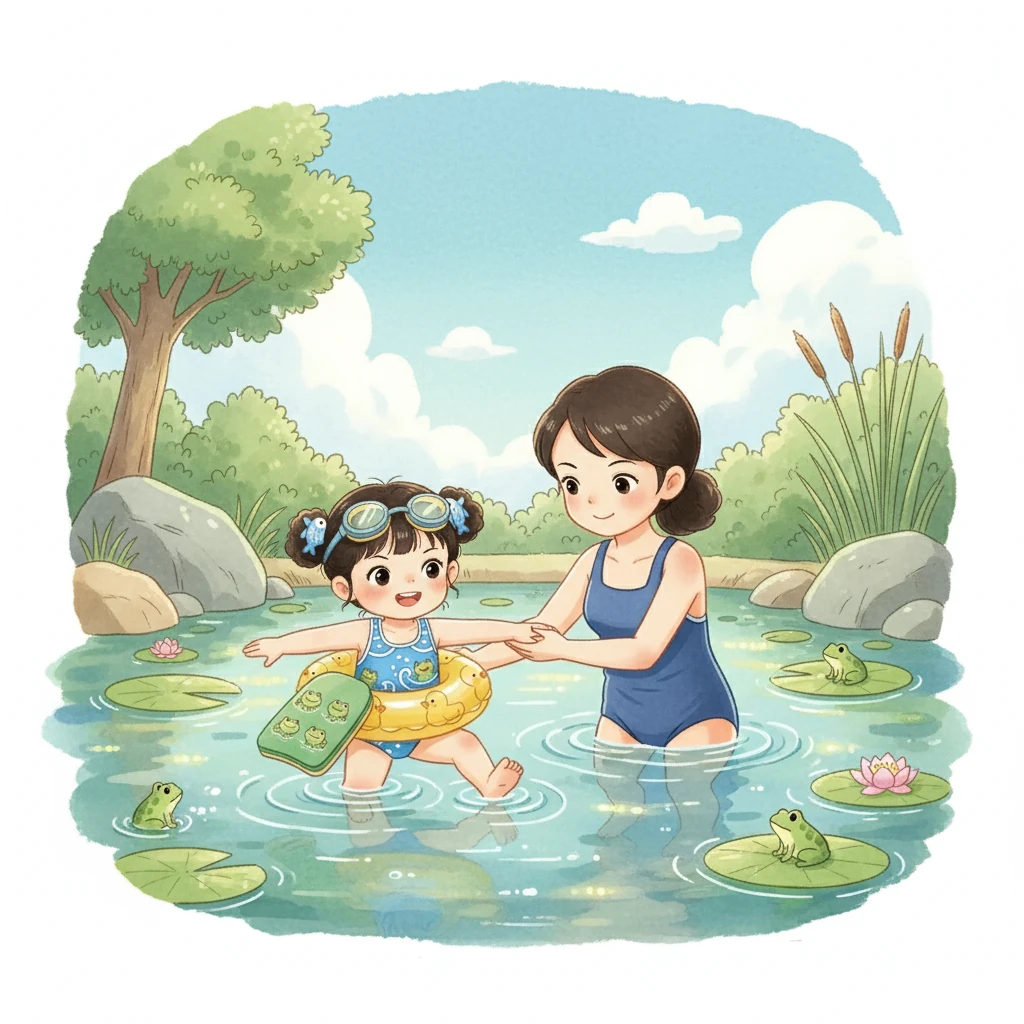 最后,小鱼儿和妈妈一起在池塘里快乐地游泳。他学会了蛙泳,也明白了安全的重要性。池塘里,小鱼儿像一只快乐的小青蛙一样,自由自在地游来游去。
