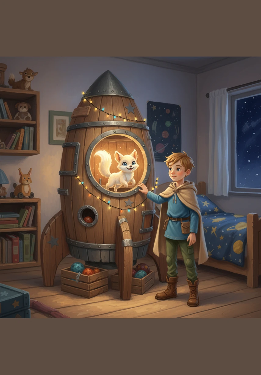 В углу его комнаты стояла небольшая, но очень уютная космическая ракета, которую он построил сам. Его верный друг, светящийся зверек по имени Искорка, уже прыгнул внутрь, нетерпеливо помахивая хвостиком.