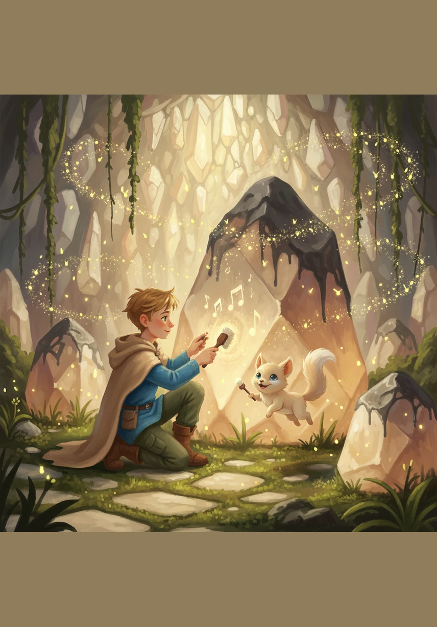 Саша и Искорка достали мягкие щеточки и начали бережно очищать грани огромных камней. Вскоре планета снова наполнилась нежной и чистой музыкой, а местные жители-светлячки закружились в благодарном танце.