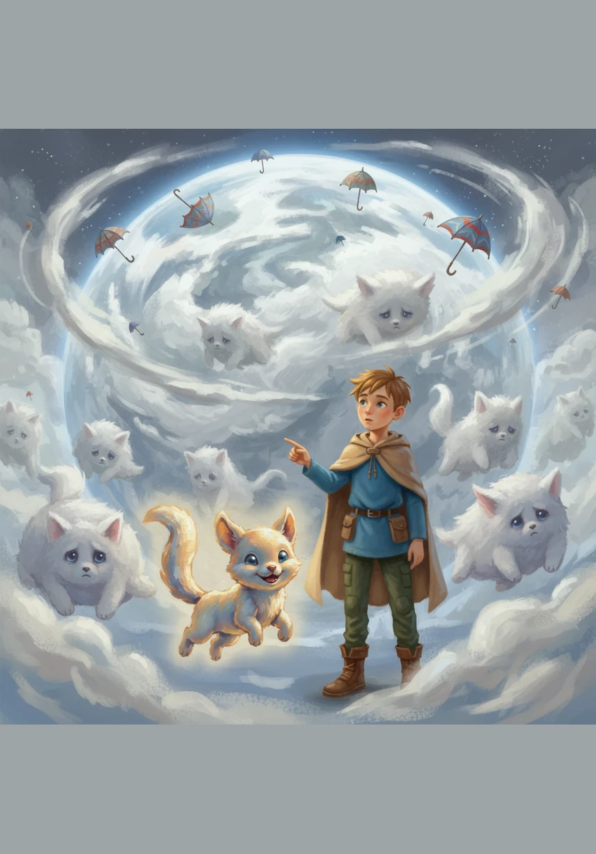 Впереди показалась Планета Вечных Туманов, где жили пушистые существа, похожие на облака. Они были очень грустны, потому что сильный космический ветер унес их любимые летающие зонтики.