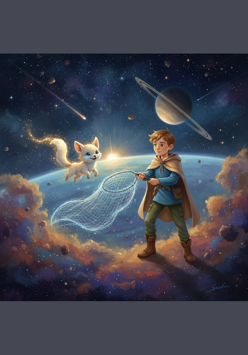 Саша проявил смекалку и с помощью магнитного троса поймал все улетающие зонтики в открытом космосе. Жители планеты были так счастливы, что подарили друзьям по мешочку сладкого звездного сахара.