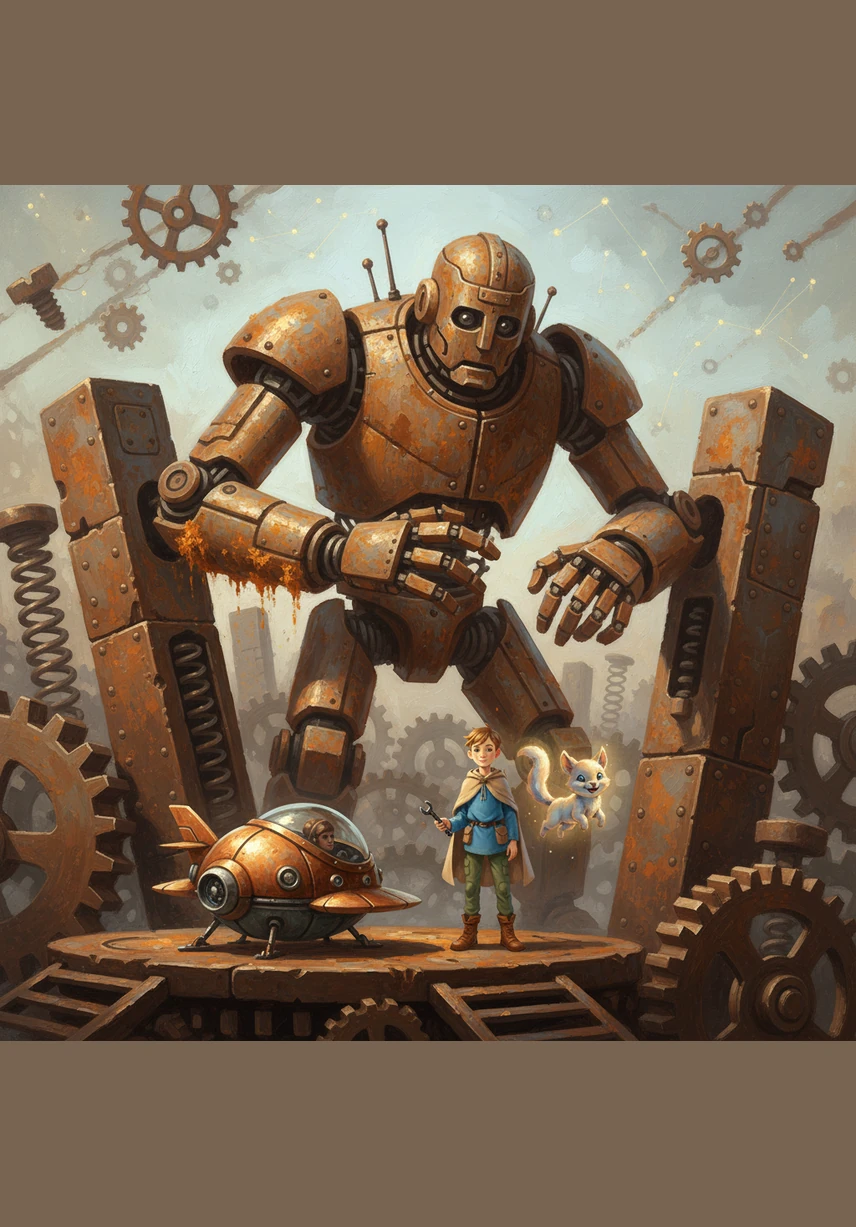 Корабль Саши приземлился на Железной Планете, где все было сделано из шестеренок и винтиков. Там они встретили огромного робота, который застрял и не мог пошевелить рукой из-за ржавчины.