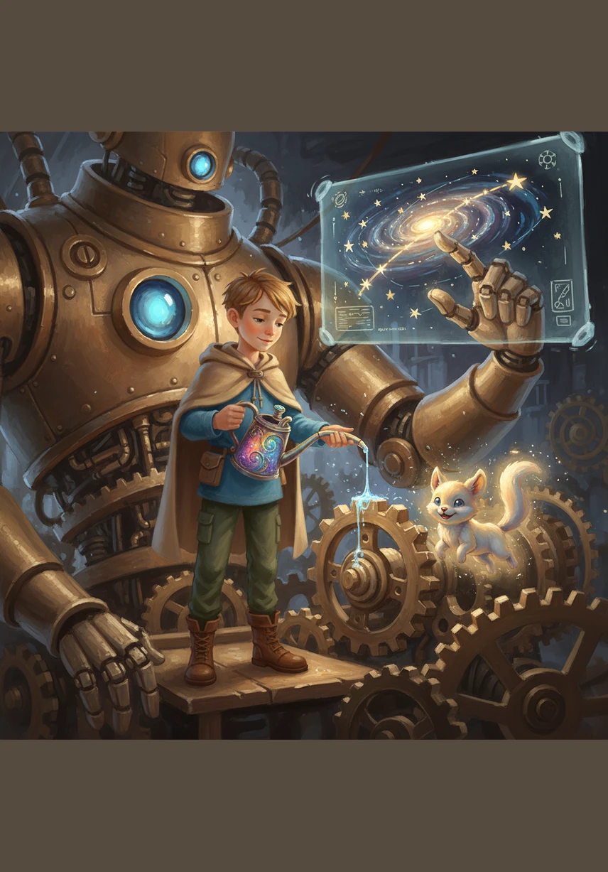 Саша достал масленку с волшебным космическим маслом и аккуратно смазал все механизмы доброго гиганта. Робот радостно загудел и в знак благодарности показал друзьям самый короткий путь к следующей галактике.