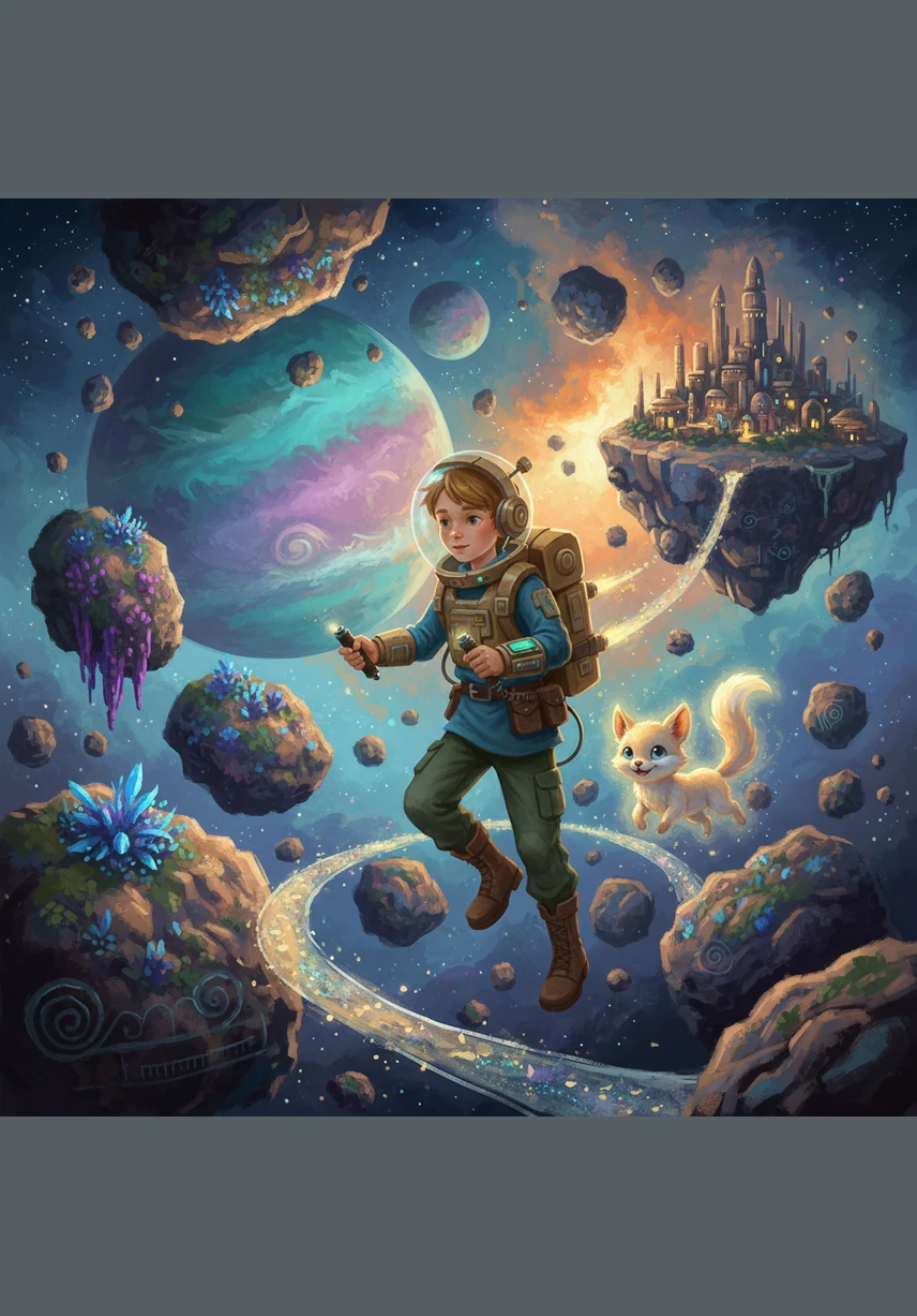 Они пролетали сквозь пояс астероидов, которые выглядели как гигантские спелые фрукты. Саша и Искорка аккуратно маневрировали между ними, любуясь необычными формами и ароматами космоса.