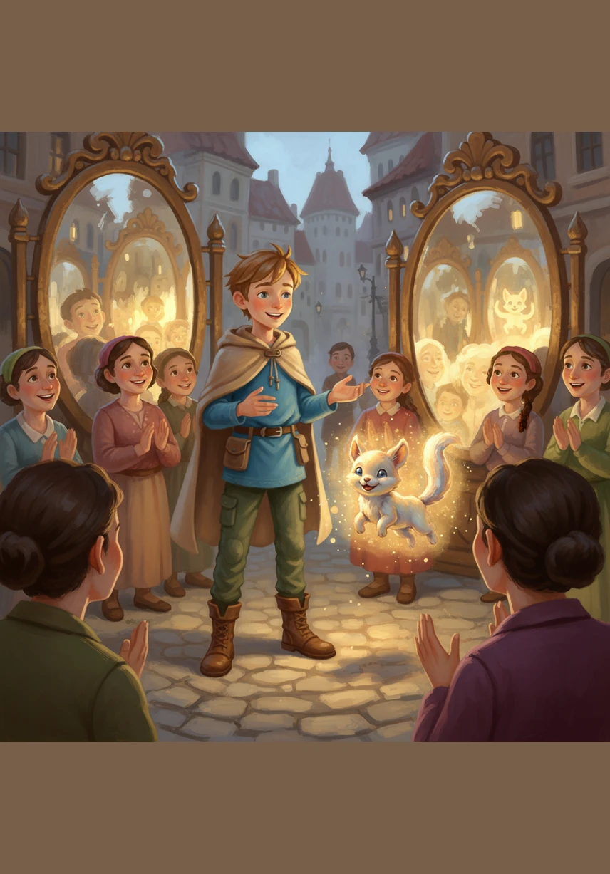 Искорка начал весело прыгать и светиться так ярко, как только мог, заражая всех своим задором. Саша стал рассказывать добрые истории, и вскоре зеркальные поверхности снова засияли, отражая улыбки горожан.