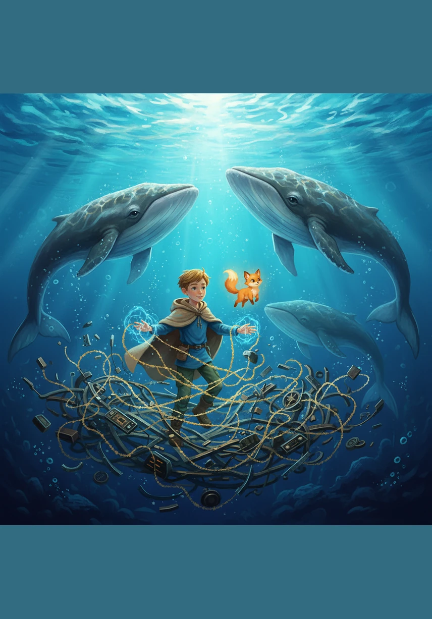 Следующая планета была полностью покрыта водой, и на ней жили мудрые космические киты. Они попросили Сашу помочь им распутать сеть из старых радиоволн, которая мешала им общаться.