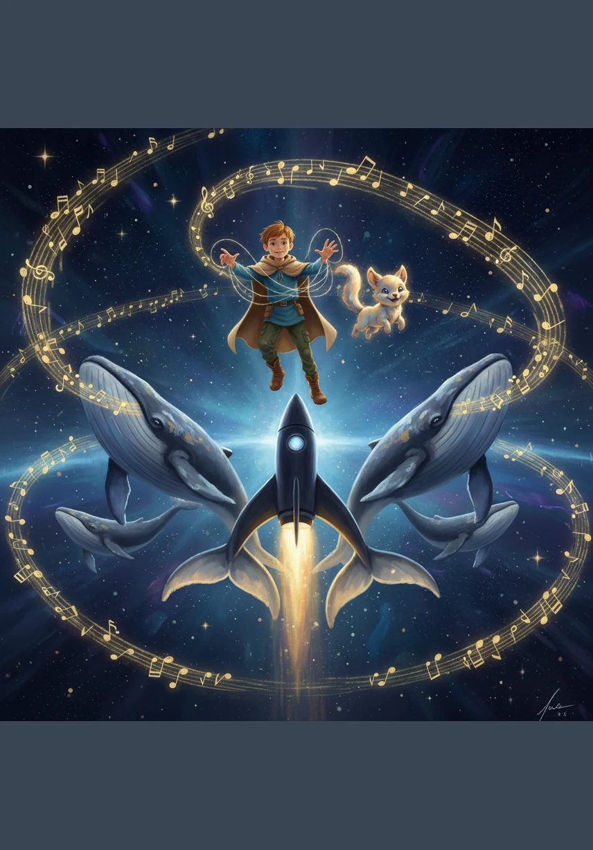 Мальчик ловко распутал невидимые нити, и киты запели свою величественную песню, которую было слышно на многие световые годы вокруг. В благодарность они подтолкнули ракету своими мощными хвостами, придав ей ускорение.