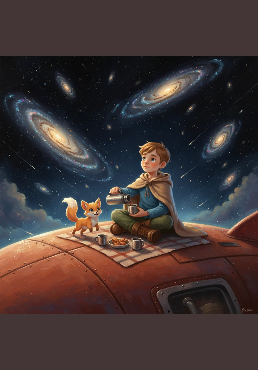 Саша и Искорка решили устроить небольшой пикник прямо на крыше своей ракеты посреди открытого космоса. Они пили чай из термоса и смотрели, как мимо проплывают далекие галактики, похожие на светящиеся спирали.