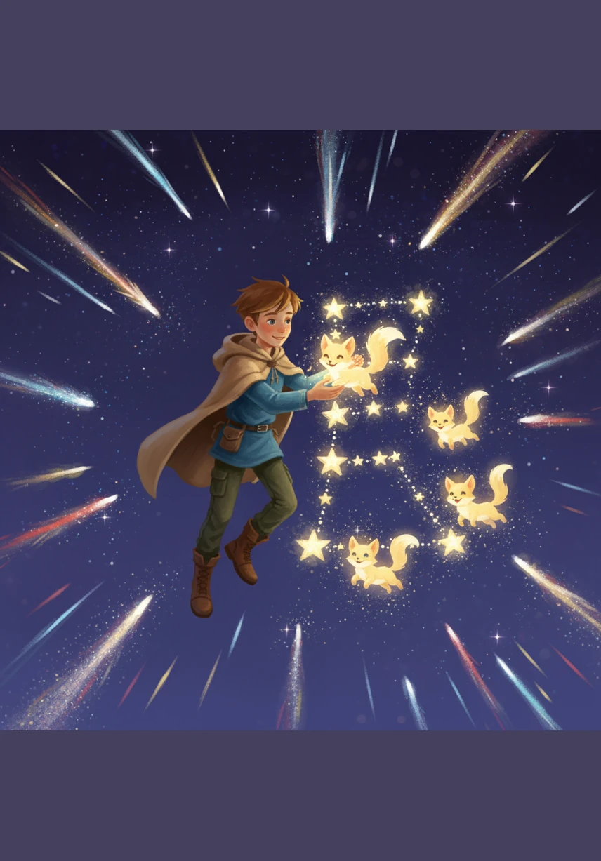 Вместе они отвезли звездочку к её семье в созвездие Большой Медведицы. Небо озарилось праздничным салютом из падающих звезд, приветствуя возвращение малышки домой.