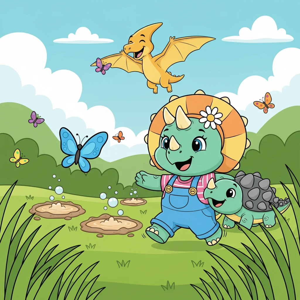 Trix romped with her friends, a playful Ankylosaurus and a soaring Pteranodon. They chased butterflies near the bubbling mud pools, their laughter echoing through the green valleys.