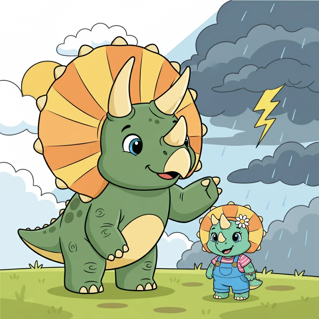 Papa Triceratops joined them, his frill a beautiful shield. He explained that sometimes, feelings are like the weather: sometimes sunny, sometimes stormy, but always changing.