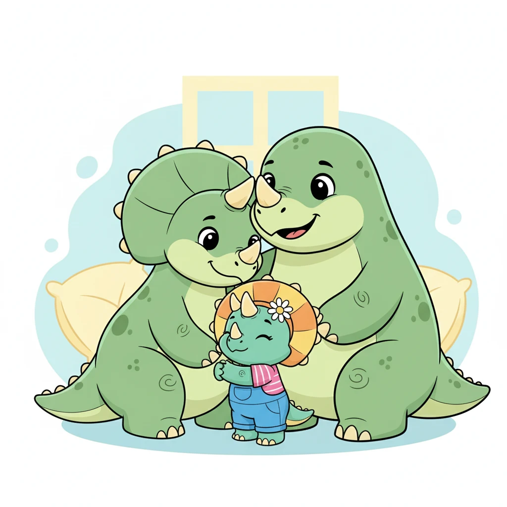 Trix and her parents sat together, close and loving. Mama and Papa Triceratops reminded her that even when feelings are big, their love for her never changes.