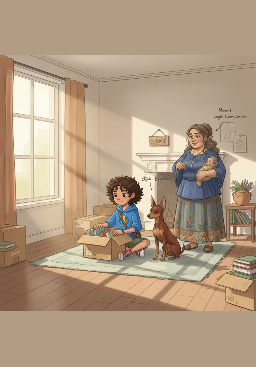 In their beautiful new home, Elijah helps his mom, Amanda, arrange their things to make it feel cozy. He misses the pitter-patter of tiny paws, but he stays brave and helpful, wanting to make this new start a happy one.