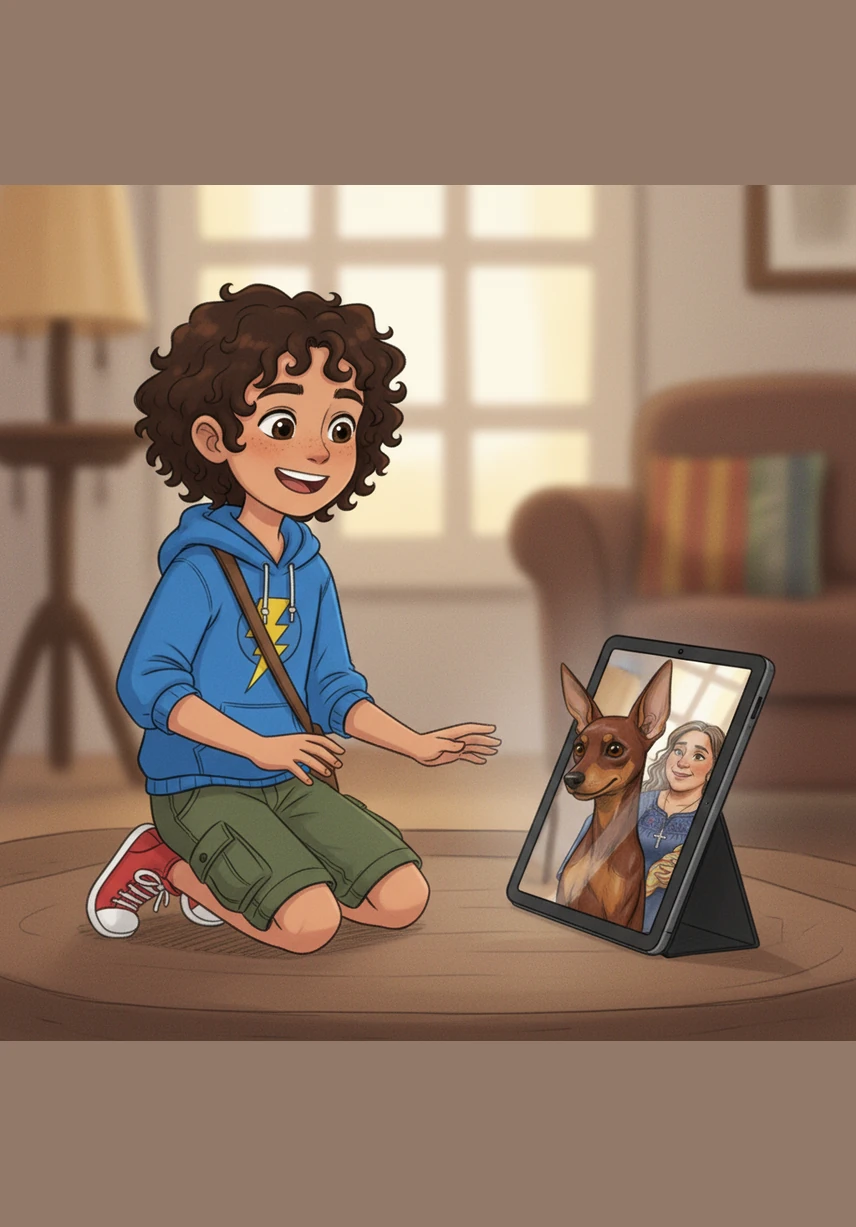 During a special video call, Minnie Pinnie’s ears perk up at the sound of Elijah’s voice through the screen. Seeing her happy face and wiggly tail fills Elijah's heart with joy, knowing she is safe and still loves him just as much.