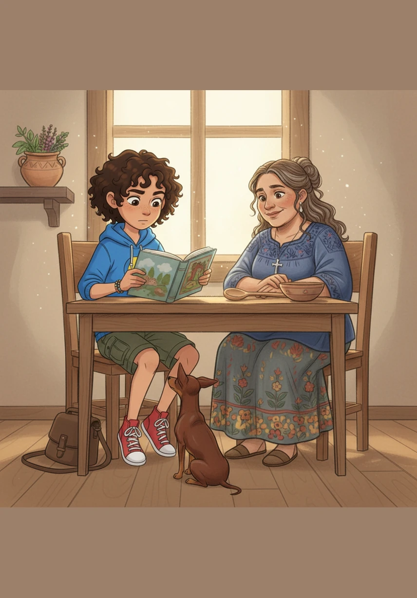 Elijah spends his afternoon drawing a beautiful picture of Minnie Pinnie and Grandpa APA walking together in a field of flowers. He uses bright, bold colors to capture the love he feels for both of them, keeping their memories close.