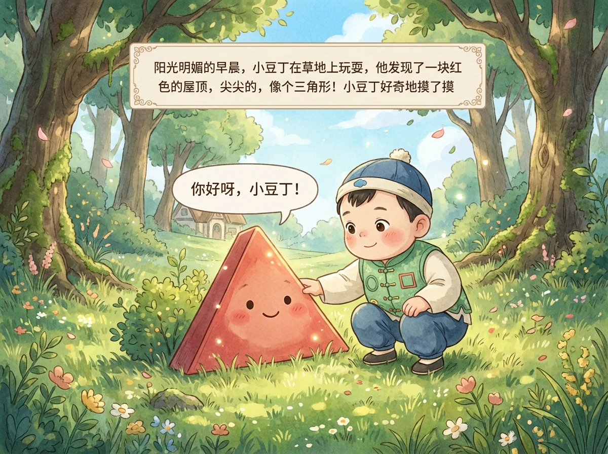 阳光明媚的早晨，小豆丁在草地上玩耍，他发现了一块红色的屋顶，尖尖的，像个三角形！小豆丁好奇地摸了摸，三角形屋顶笑着说：“你好呀，小豆丁！”
