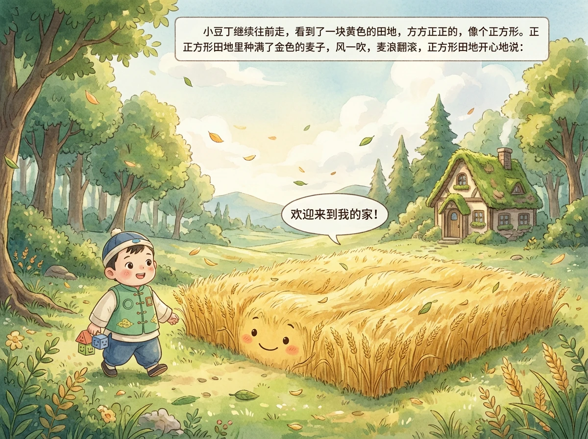 小豆丁继续往前走，看到了一块黄色的田地，方方正正的，像个正方形。正方形田地里种满了金色的麦子，风一吹，麦浪翻滚，正方形田地开心地说：“欢迎来到我的家！”