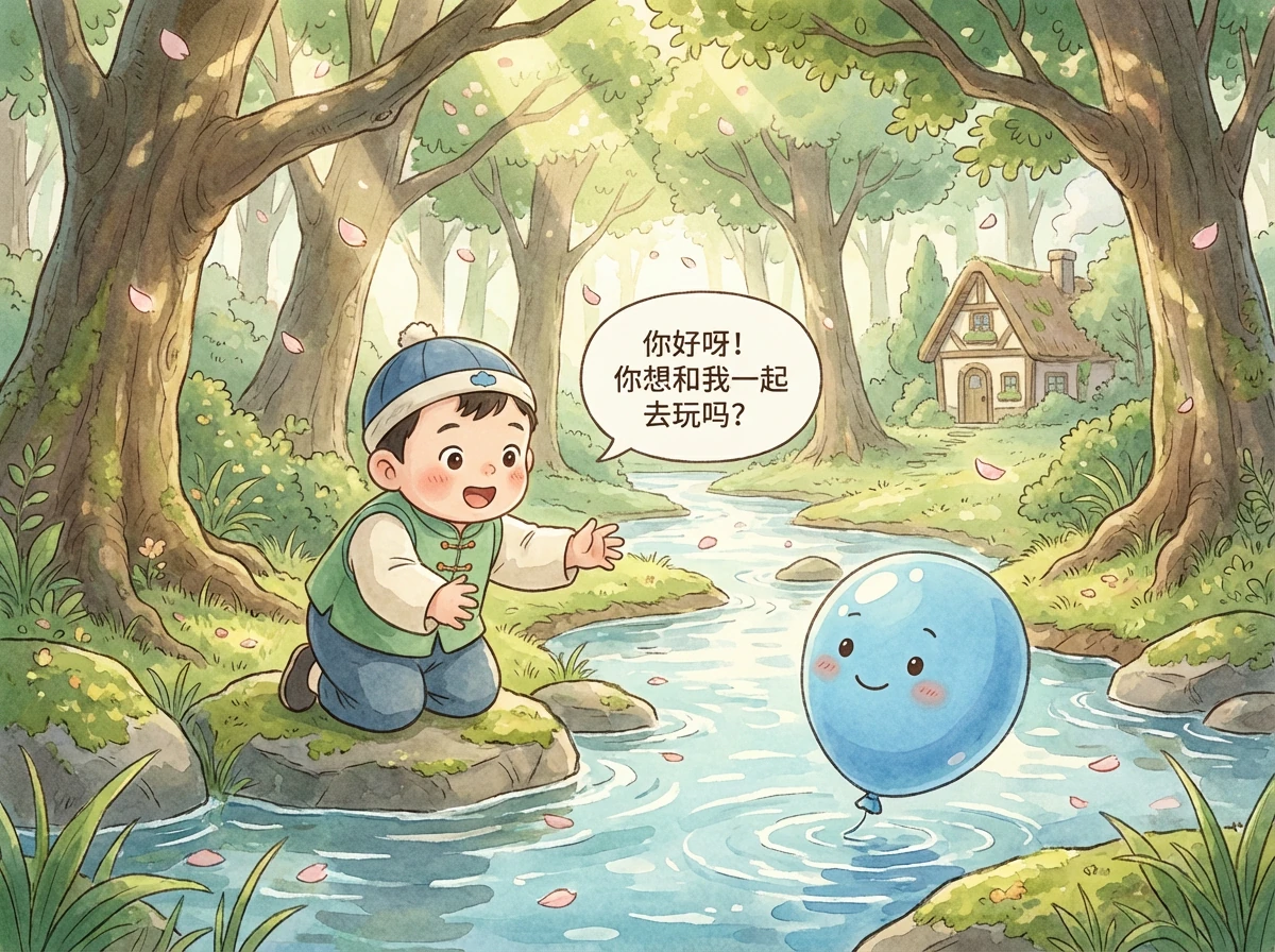 小豆丁来到一条小河边，河里漂着一个蓝色的气球，圆圆的，像个圆形。圆形气球慢慢地飘过来，和小豆丁打招呼：“你好呀！你想和我一起去玩吗？”