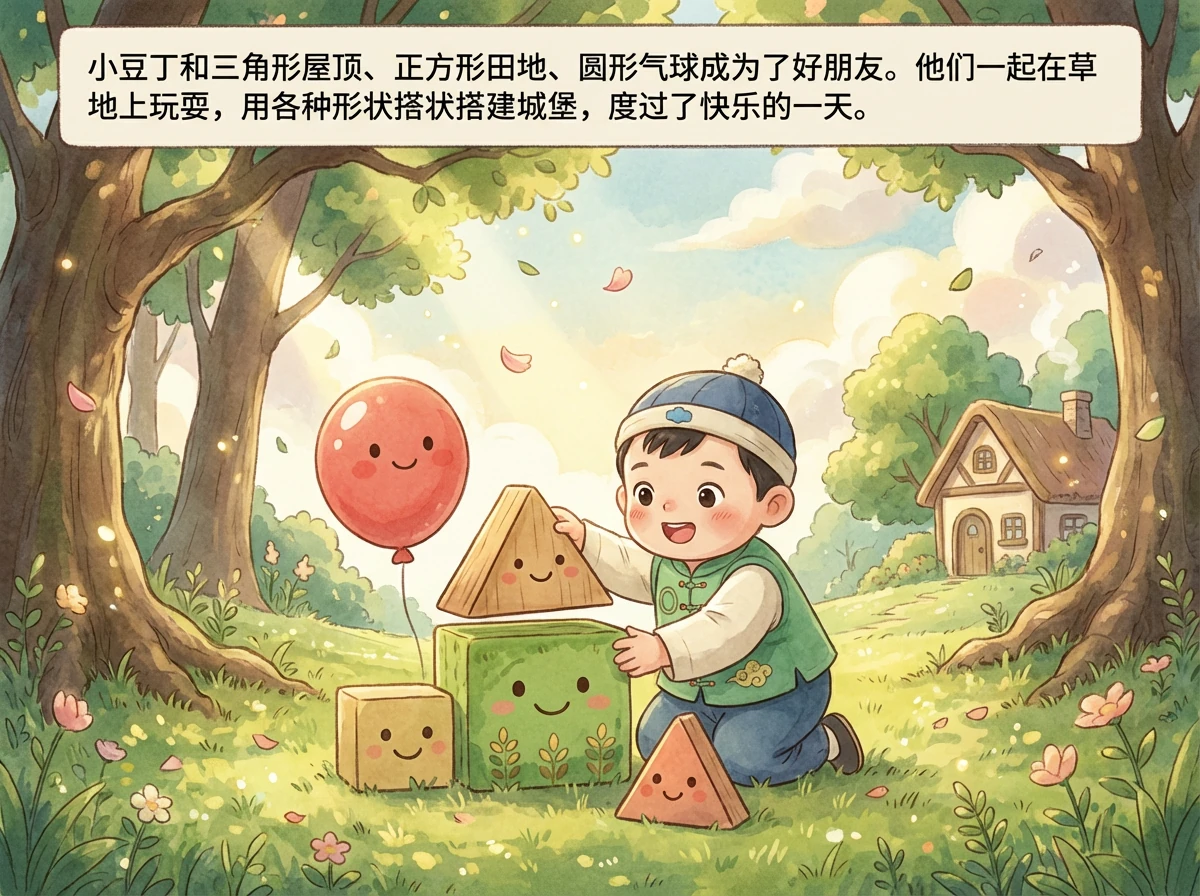 小豆丁和三角形屋顶、正方形田地、圆形气球成为了好朋友。他们一起在草地上玩耍，用各种形状搭建城堡，度过了快乐的一天。