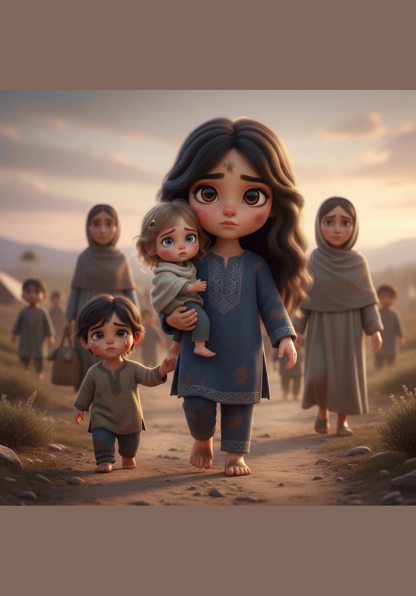 Under a smoggy, low-hanging sun, seven-year-old Rafeef leads her little sister Reema across a cracked and desolate wasteland. The ground stretches out like a forgotten puzzle, and the air is thick with the scent of dust and old memories.