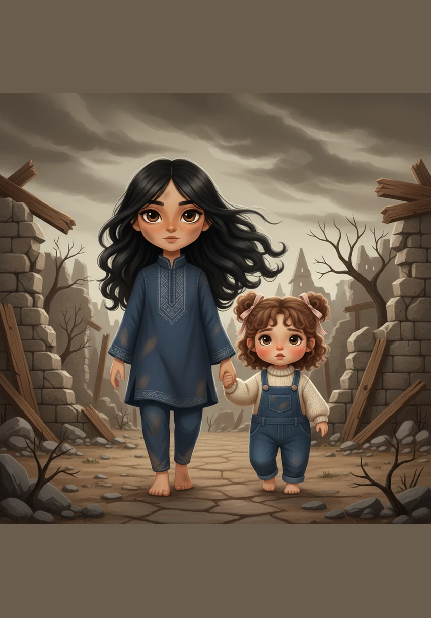 The sisters navigate the jagged remains of a town that has long been forgotten by time. Rafeef grips Reema’s small hand tightly, her eyes filled with a fierce determination to protect her sister from the howling wind.