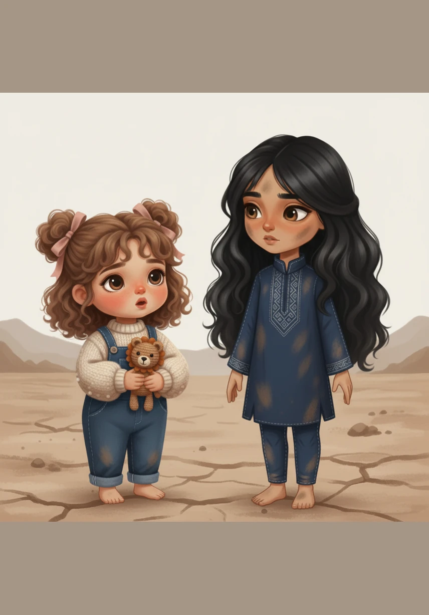 Little Reema looks up with dirt-smudged cheeks, clutching her one-eyed teddy bear as she whispers about her hunger. Rafeef pauses, her heart heavy but her spirit ignited by a promise to find something to eat in this barren land.