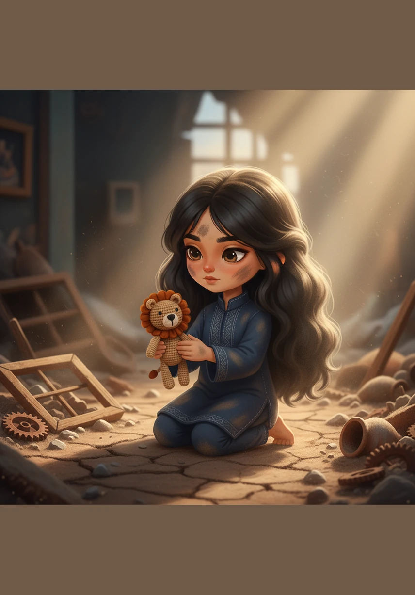 Amidst the debris of the old world, they discover a rusted bicycle and a tattered, forgotten doll lying in the dust. These relics of a joyful past stand as silent witnesses to the world that used to be.