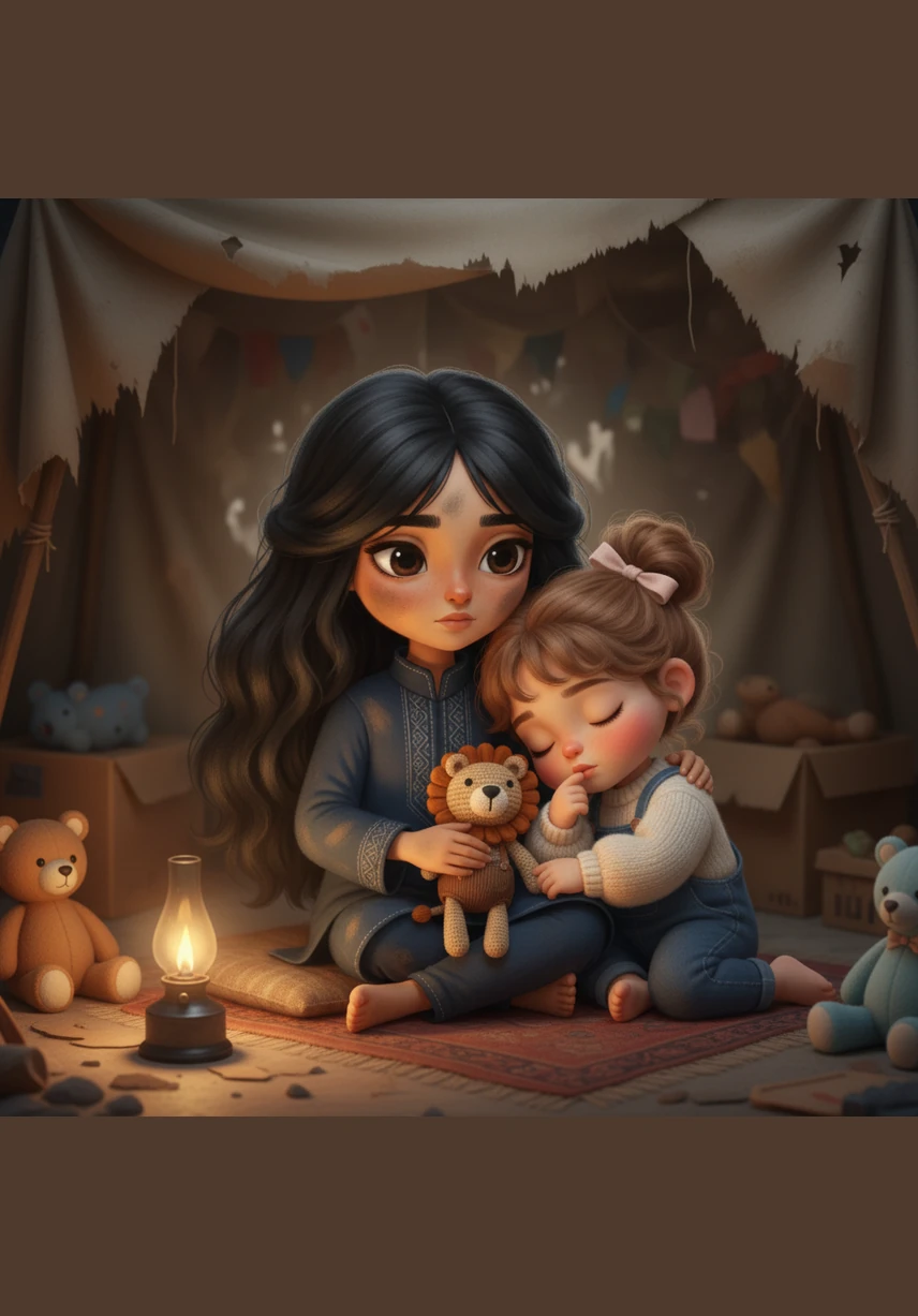 Rafeef picks up the doll, gently brushing away the grime before handing it to her sister with a hopeful smile. For a brief moment, the harsh reality of the wasteland fades as Reema’s eyes light up with pure, childhood wonder.