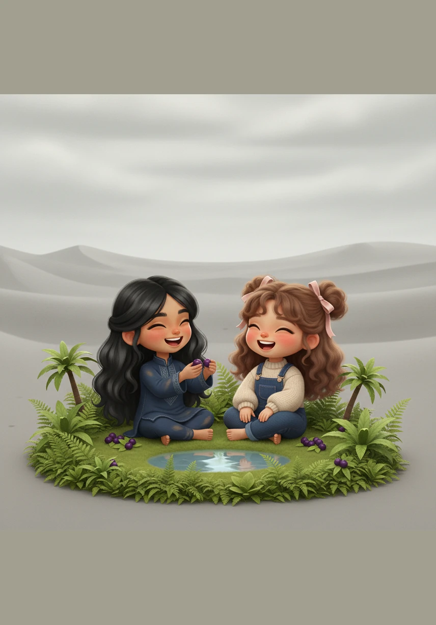 Sitting together in the rare oasis, Rafeef breaks the berries in half to share the precious fruit with Reema. The sweetness of the berries brings a rare moment of laughter and giggles that echo against the gray horizon.