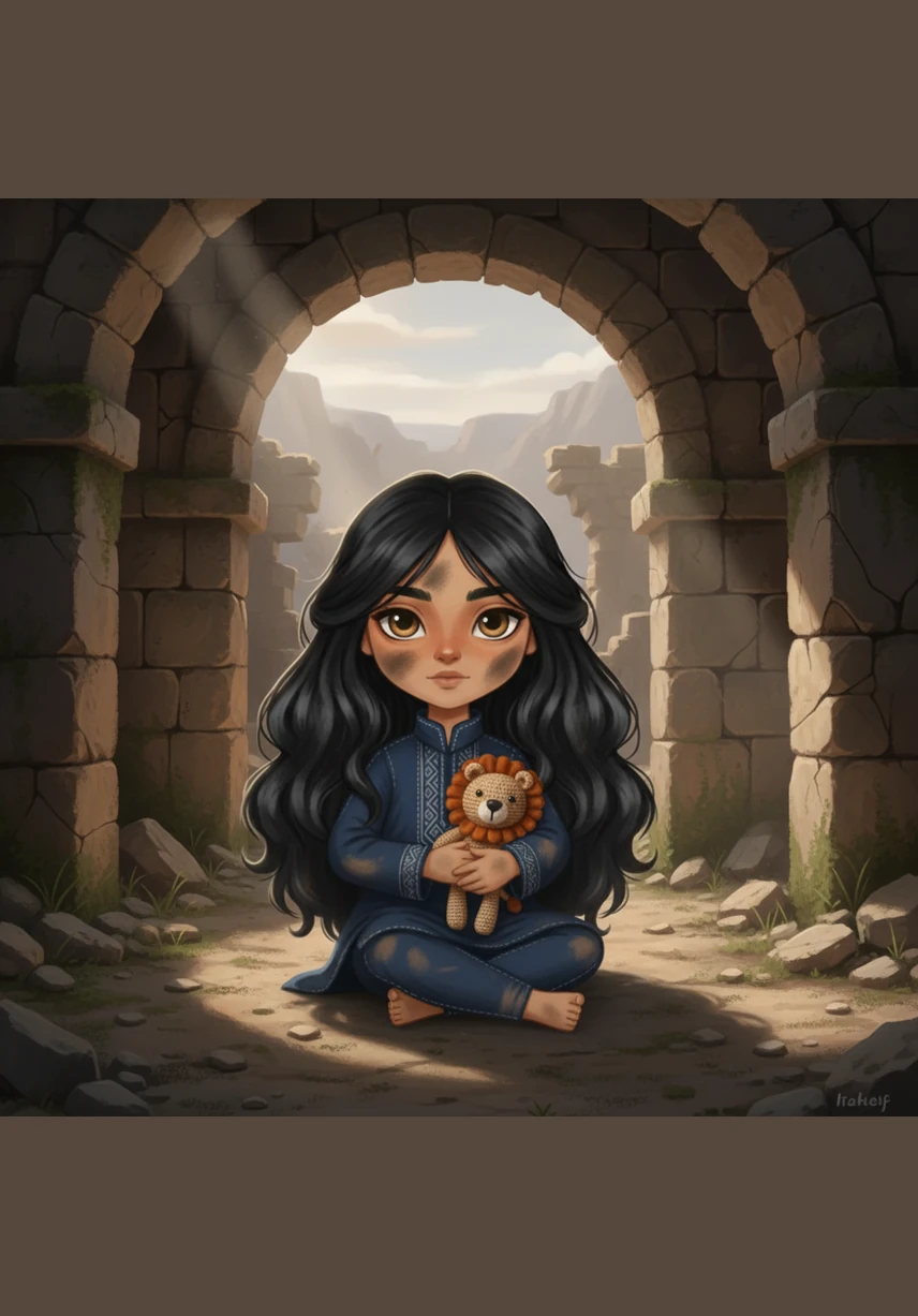 Inside the shadowy ruins, Rafeef creates a makeshift bed of fabric scraps and holds Reema close to shield her from the storm. She sings soft, gentle lullabies that drown out the terrifying sound of the wind, acting as a beacon of safety.